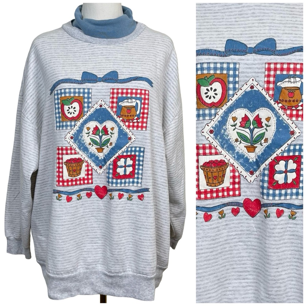 Vintage Separate Issue Sweatshirt  XL Gray Cottagecore Mock Neck Hearts 80s